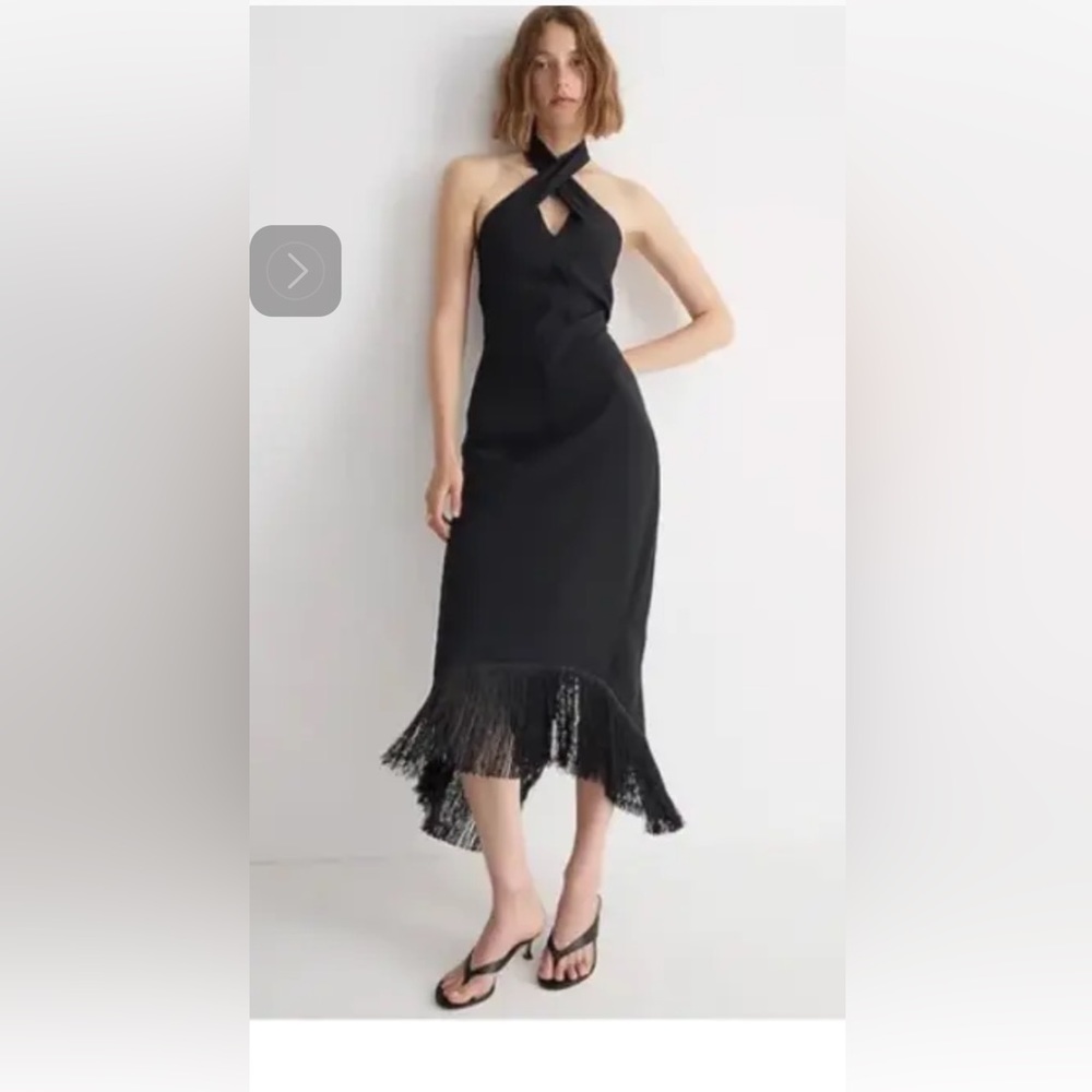 Jcrew NWT black halter fringe hem dress size 4